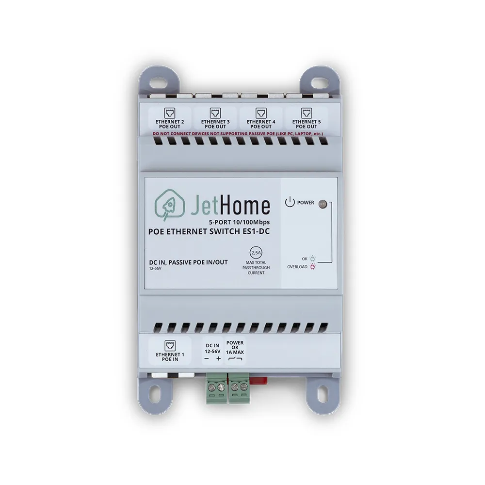 Ethernet коммутатор на DIN-рейку с passive POE out. 10/100 Мбит/с, 5 портов - JetHome ES1  DC 9v~56v